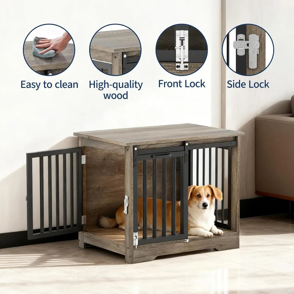 32"/43" Heavy Duty Wooden Pet Cage Side Table Double Door Dog Crate Secure Indoor Enclosure For Small Medium Large Dogs