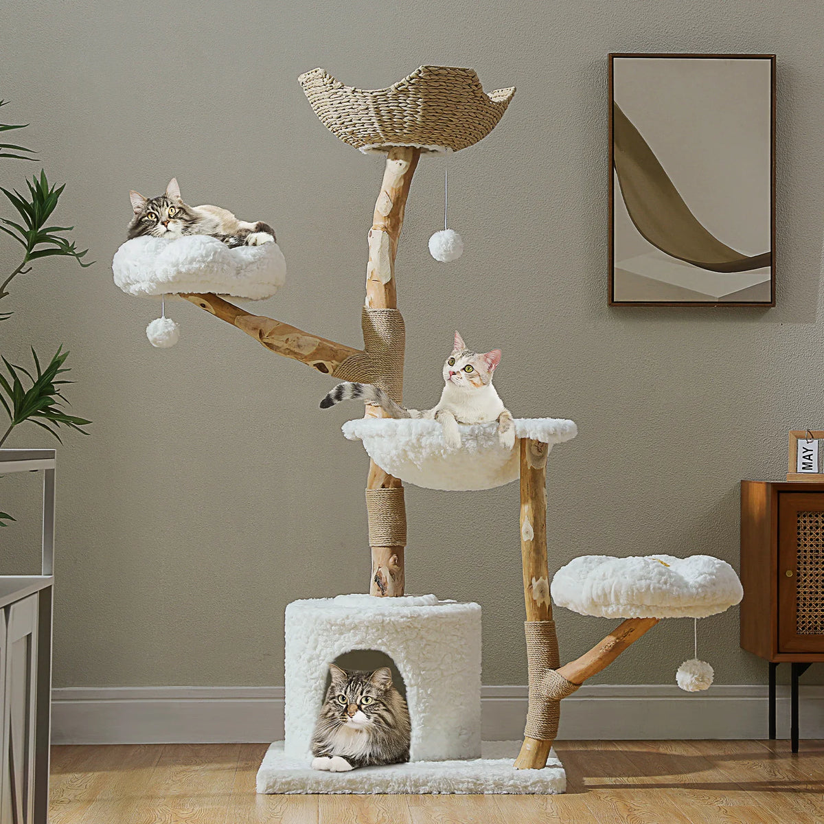 Large Cat Tree Tower with Sisal Scratching Post Wicker Basket Bed Flower Cat Condo Indoor Modern Cat Furniture Cat Accessories