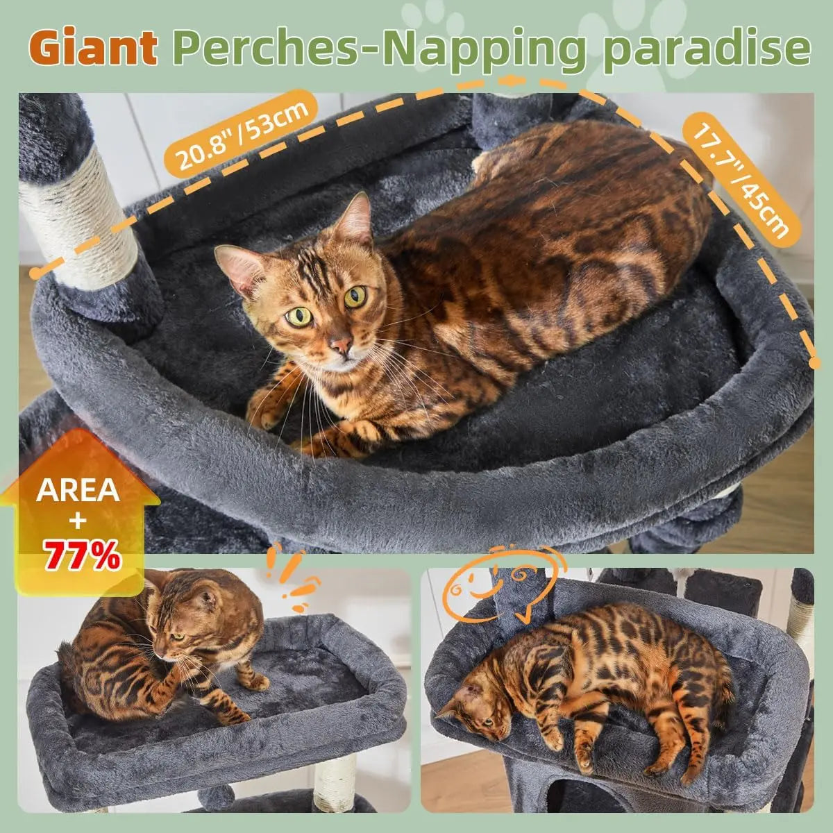 71" Cat Tree for Large Cats 20lbs+, 3 Giant Perches, Multi-Level Tower with 9 Scratching Posts, Hammock & Basket, Smoky Gray