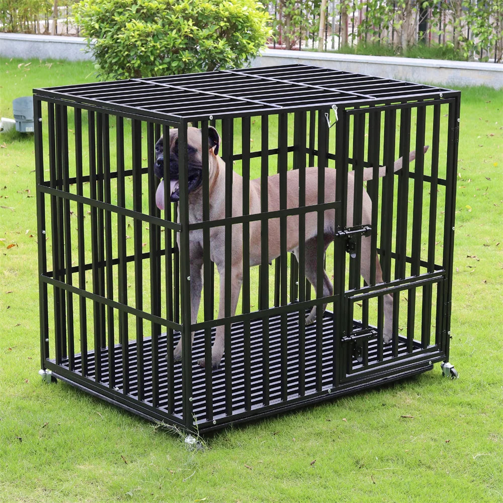 Large Heavy Duty Dog Crate Strong Pet Cage Tear Resistant Square Tube Metal Kennel Playpen with Lockable Wheels and Tray