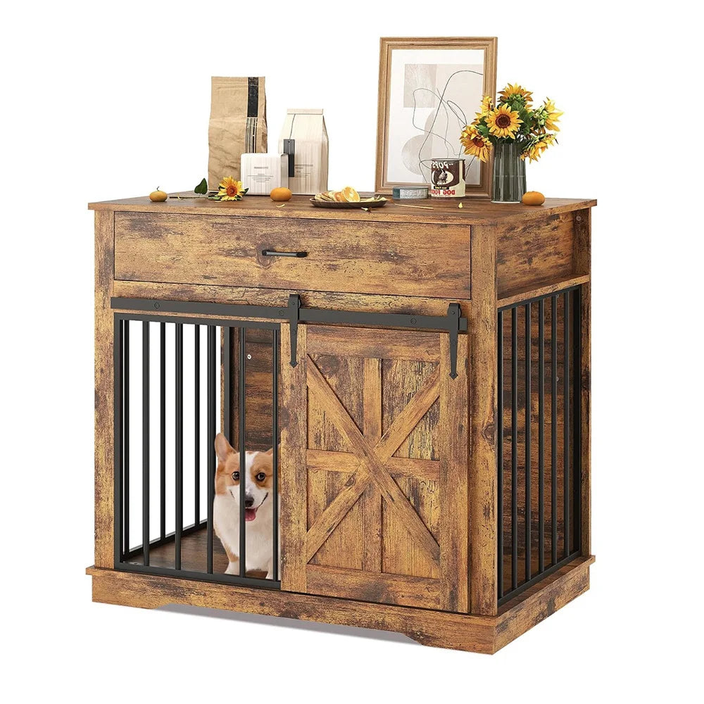 37.8" Farmhouse Dog Crate Furniture 2-in-1 Iron-Wood Dog Cage End Table With Sliding Barn Doors & Drawer For Small Medium Dogs