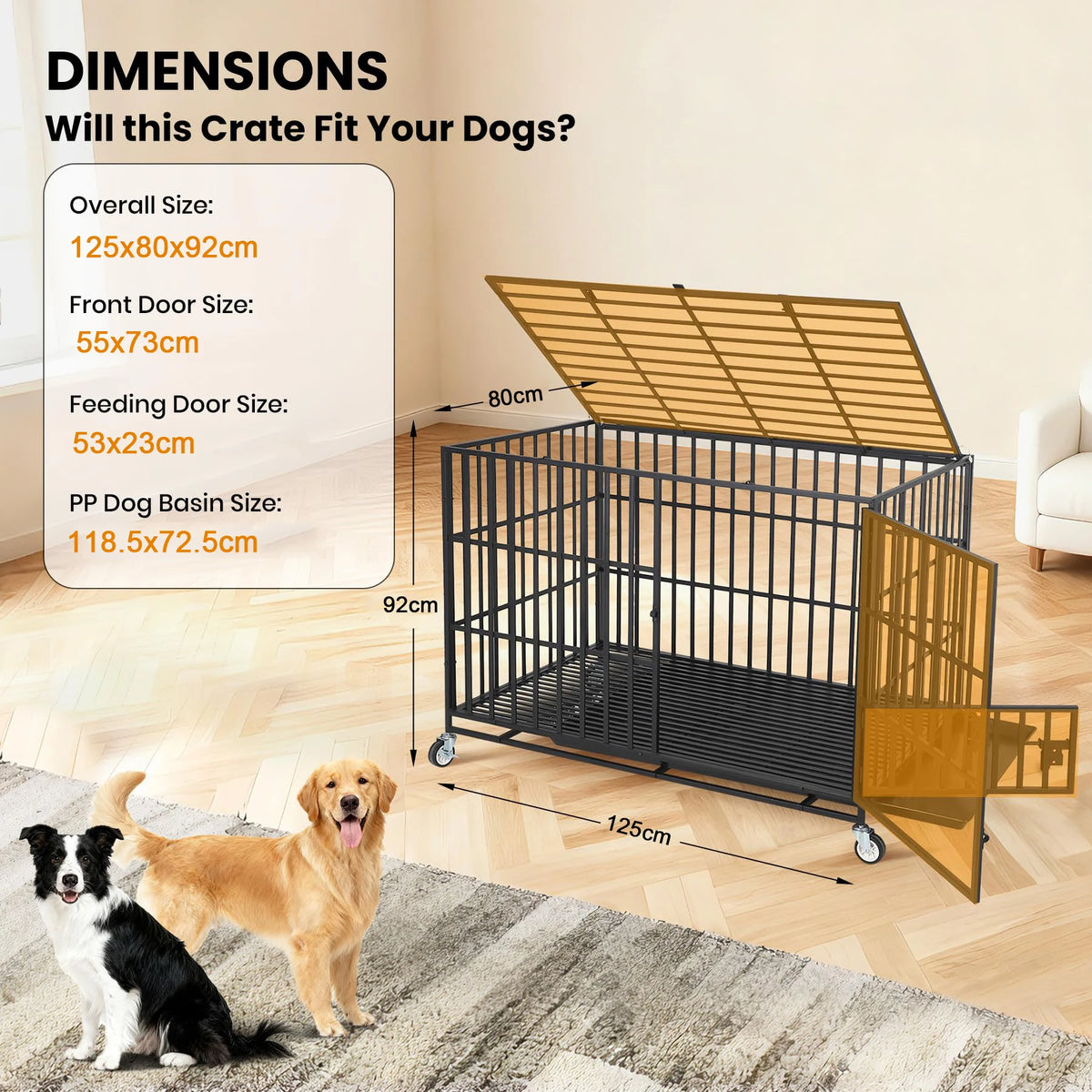 Heavy Duty Escape-Proof Metal Dog Crate Steel Kennel Dog Cage with 3 Doors, Removable Tray, Locking Wheels Medium/Large Breeds