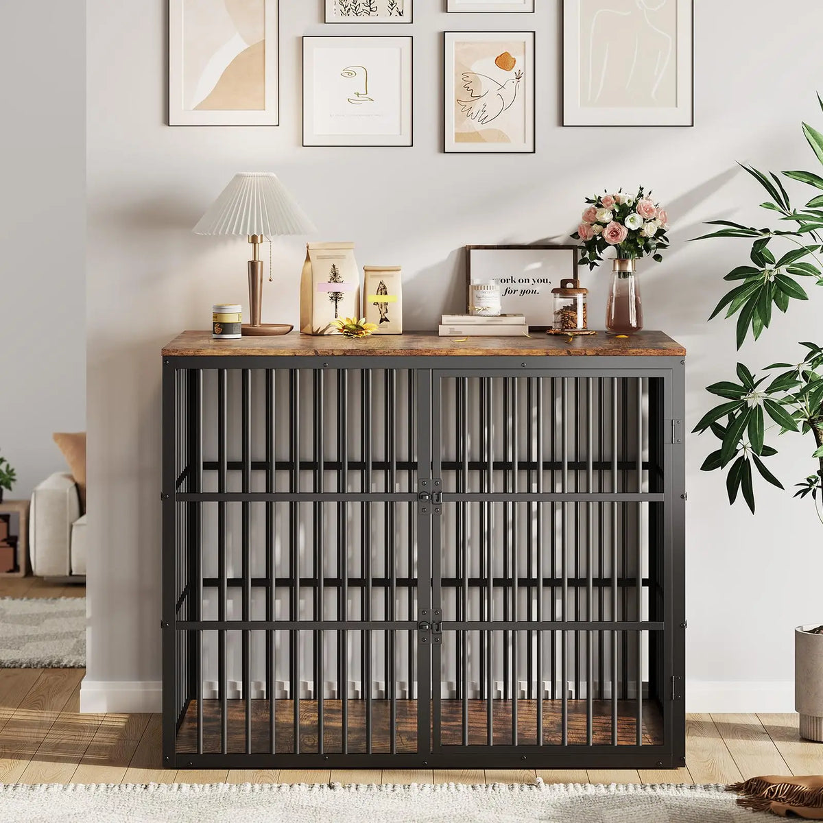 46.5 in 3-in-1 Dog Crate Furniture Wooden Dog Kennel with 3 Lockable Doors Heavy Duty Metal Frame End Table For Medium Large Pet