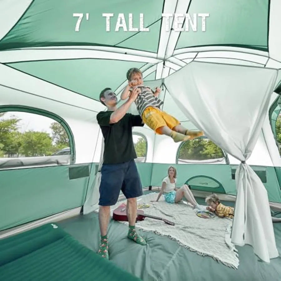 Family camping tent for 6/8/10 persons with porch, tall height, excellent ventilation, water-resistant fabric, ideal for outdoo