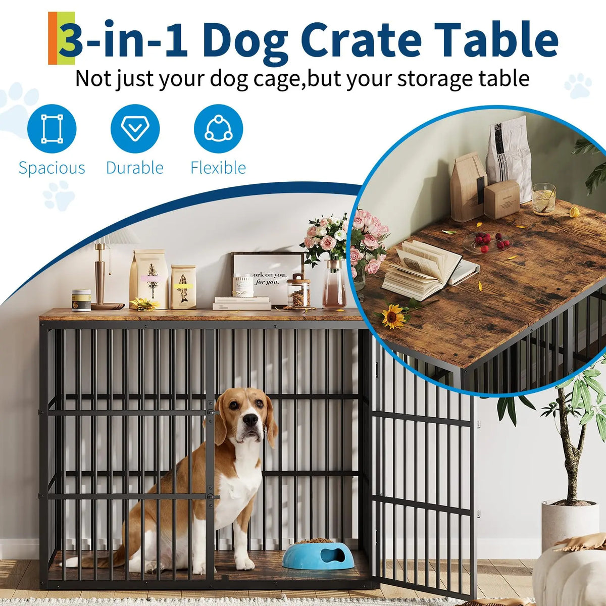 46.5 in 3-in-1 Dog Crate Furniture Wooden Dog Kennel with 3 Lockable Doors Heavy Duty Metal Frame End Table For Medium Large Pet