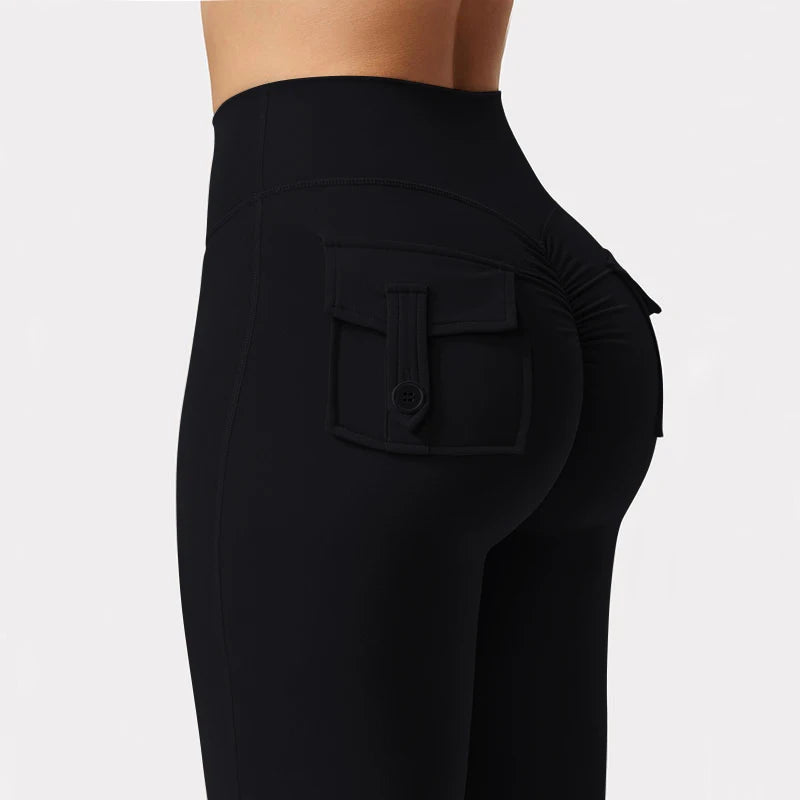 Summer Women's Cargo Pocket Fitness Tights High-Waisted Yoga Running