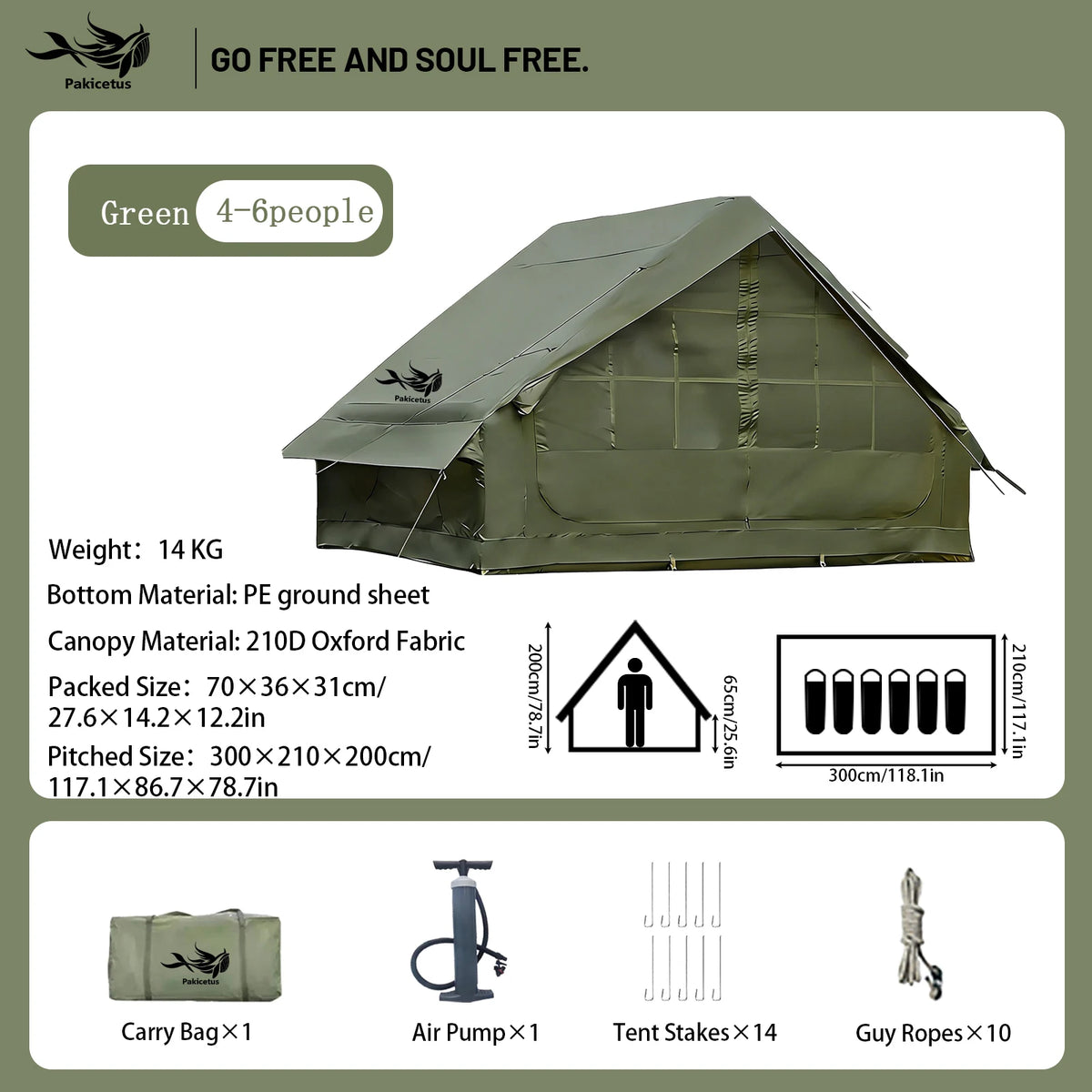 Pakicetus Quick Setup Inflatable Camping Tent, Waterproof Family Tent for 4-8 Persons, Portable Air Tent with Carry Bag