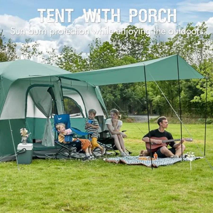 Family camping tent for 6/8/10 persons with porch, tall height, excellent ventilation, water-resistant fabric, ideal for outdoo