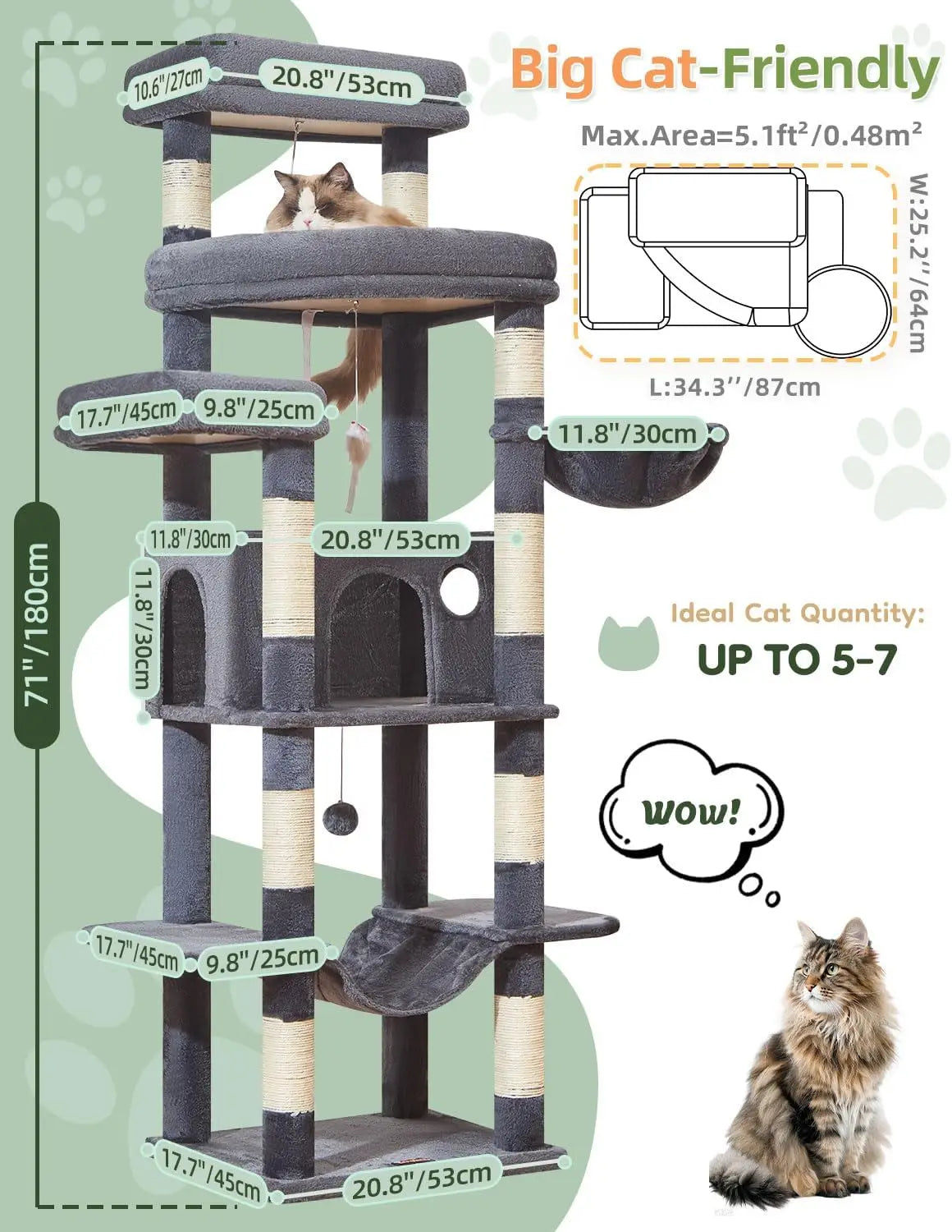 71" Cat Tree for Large Cats 20lbs+, 3 Giant Perches, Multi-Level Tower with 9 Scratching Posts, Hammock & Basket, Smoky Gray