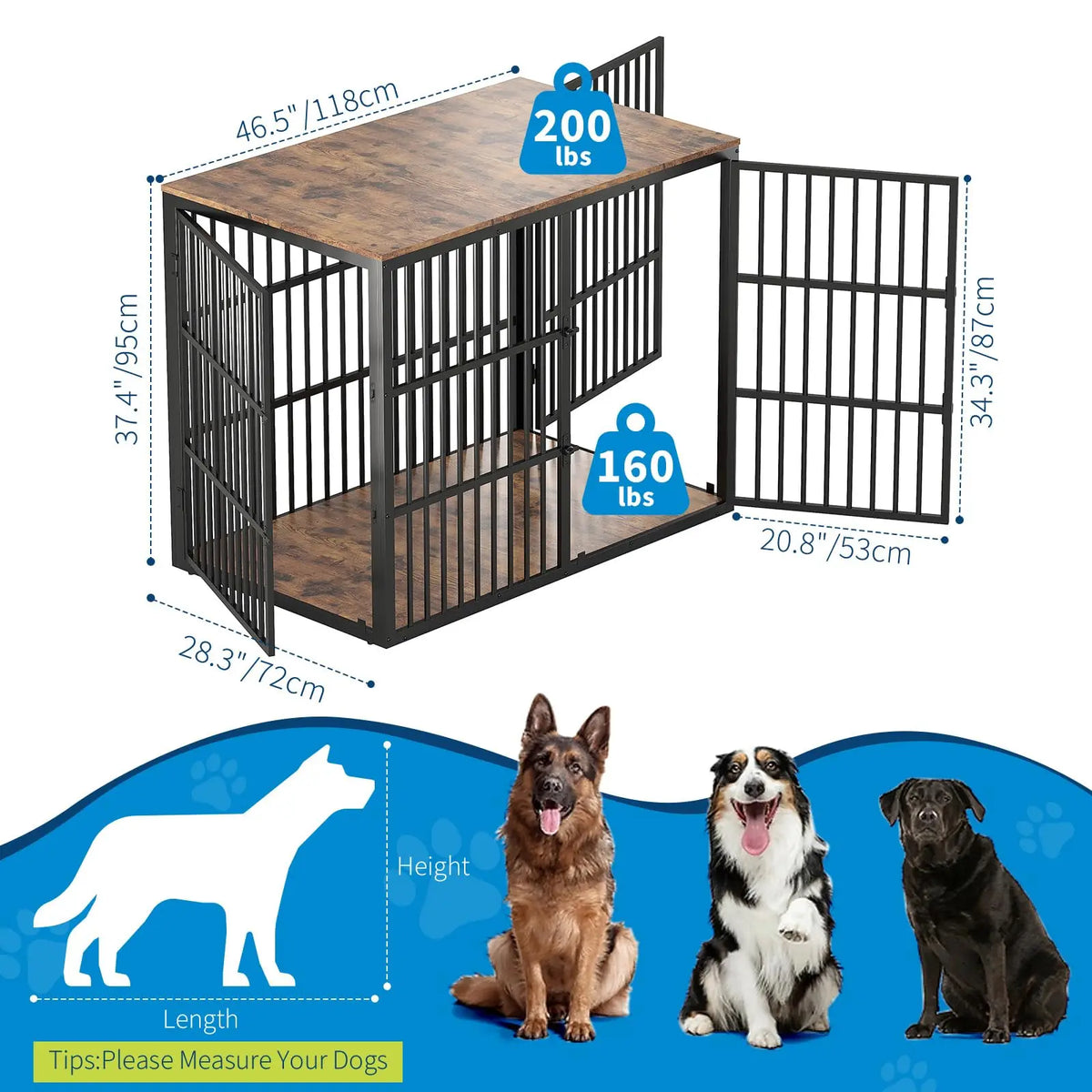 46.5 in 3-in-1 Dog Crate Furniture Wooden Dog Kennel with 3 Lockable Doors Heavy Duty Metal Frame End Table For Medium Large Pet