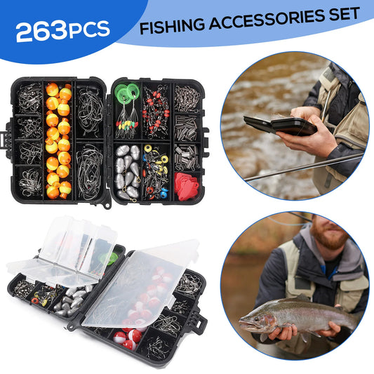 NEW 263pcs Fishing Slides Fishing Accessories Set with Tackle Box Including Plier Jig Hooks Sinker Weight Swivels Snaps Sinker