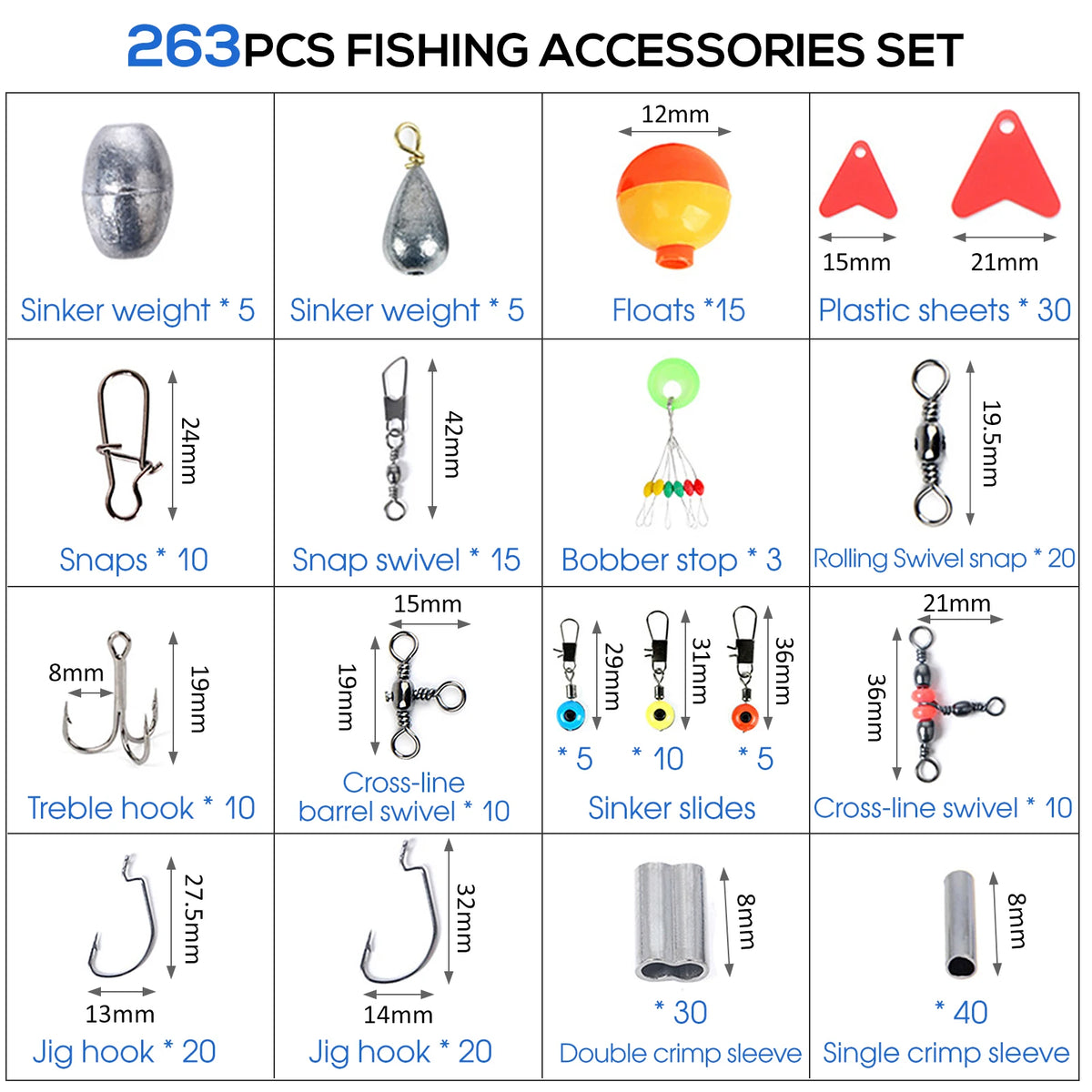 NEW 263pcs Fishing Slides Fishing Accessories Set with Tackle Box Including Plier Jig Hooks Sinker Weight Swivels Snaps Sinker