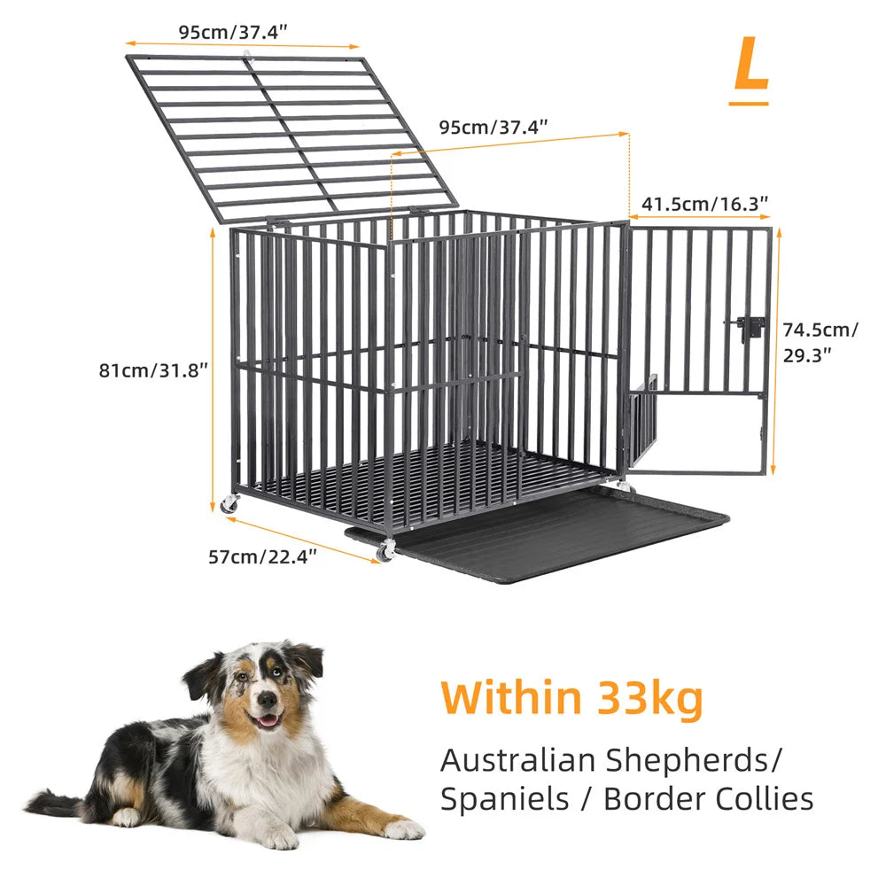 Large Heavy Duty Dog Crate Strong Pet Cage Tear Resistant Square Tube Metal Kennel Playpen with Lockable Wheels and Tray