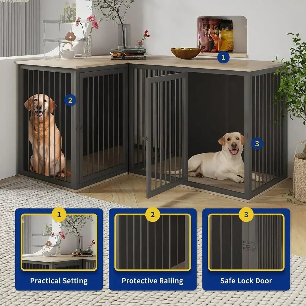 Large Double Dog Crate with Divider, 79.1 & 37.4 Lengths, Steel Frame, Black Gray