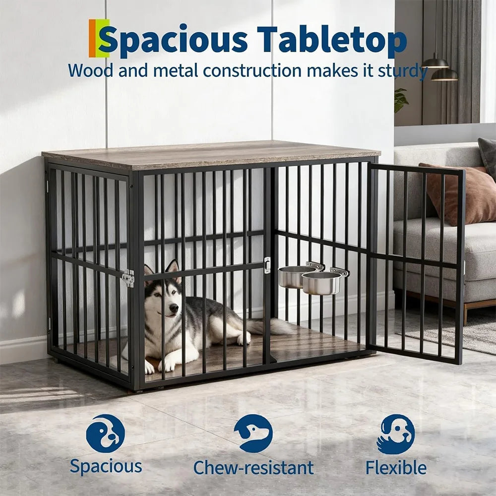 32"/43" Heavy Duty Wooden Pet Cage Side Table Double Door Dog Crate Secure Indoor Enclosure For Small Medium Large Dogs