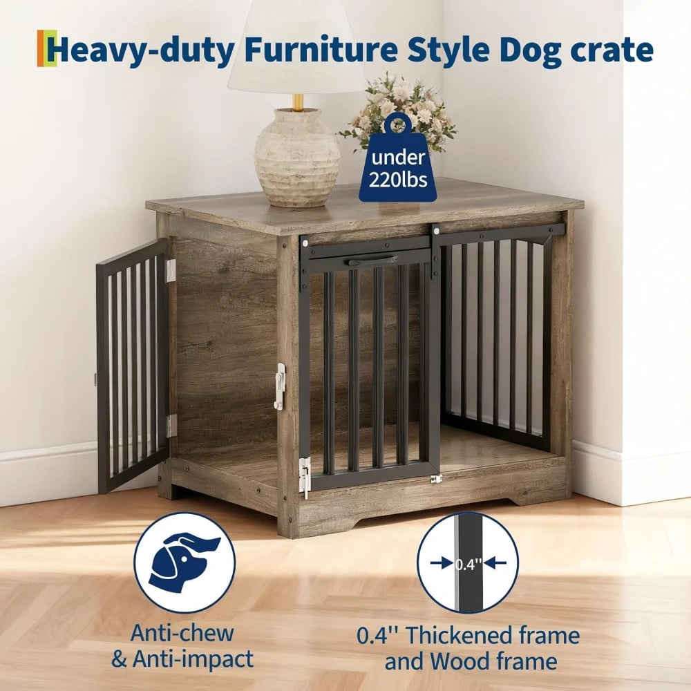 32"/43" Heavy Duty Wooden Pet Cage Side Table Double Door Dog Crate Secure Indoor Enclosure For Small Medium Large Dogs
