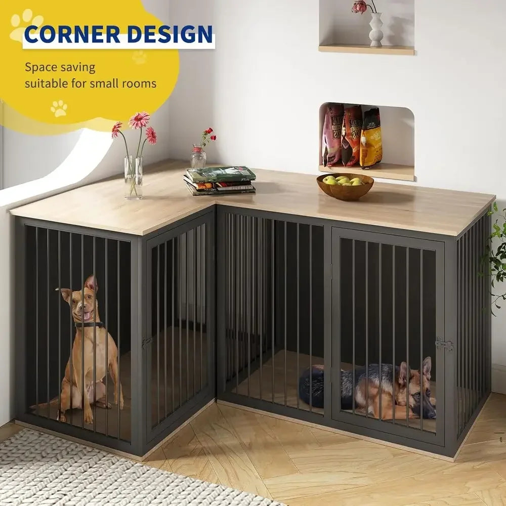 Large Double Dog Crate with Divider, 79.1 & 37.4 Lengths, Steel Frame, Black Gray