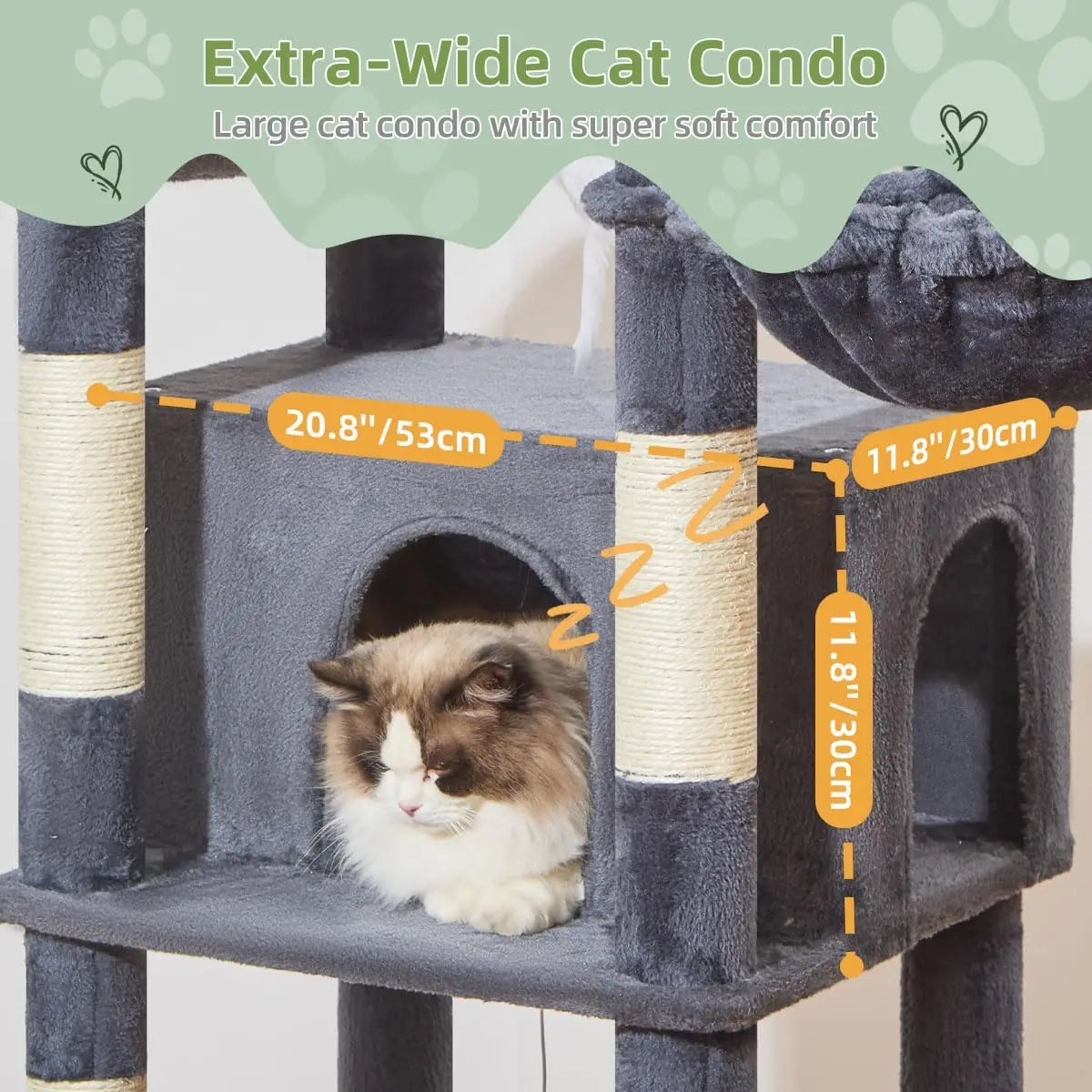 71" Cat Tree for Large Cats 20lbs+, 3 Giant Perches, Multi-Level Tower with 9 Scratching Posts, Hammock & Basket, Smoky Gray