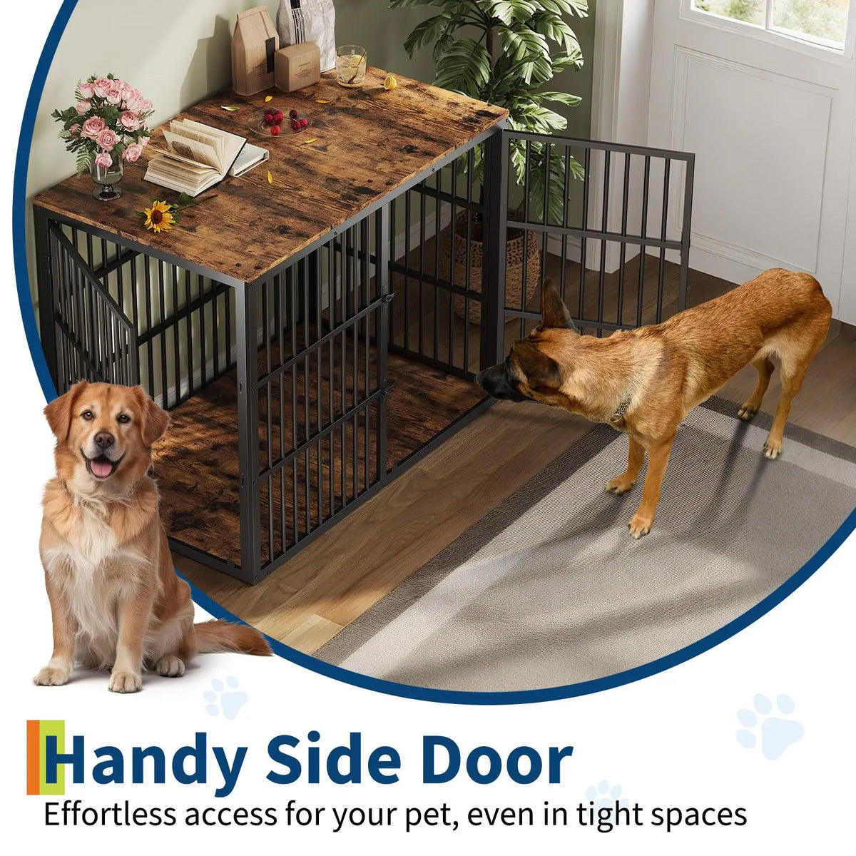 46.5 in 3-in-1 Dog Crate Furniture Wooden Dog Kennel with 3 Lockable Doors Heavy Duty Metal Frame End Table For Medium Large Pet