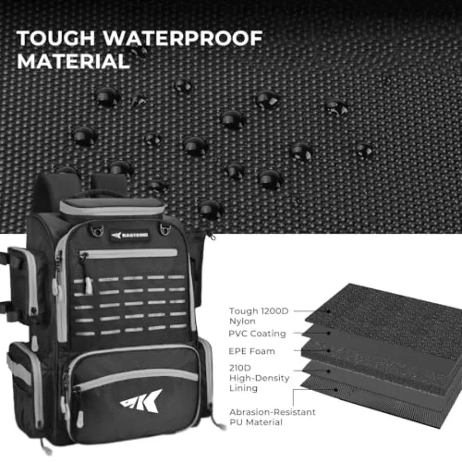 Fishing tackle backpack for outdoor use, durable nylon fabric, black color, features 4 tackle boxes, rod holders, and included