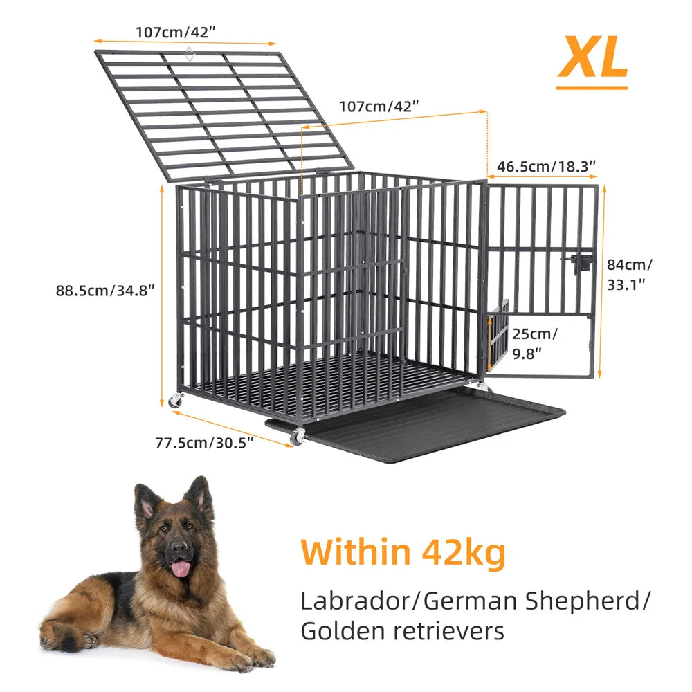 Large Heavy Duty Dog Crate Strong Pet Cage Tear Resistant Square Tube Metal Kennel Playpen with Lockable Wheels and Tray