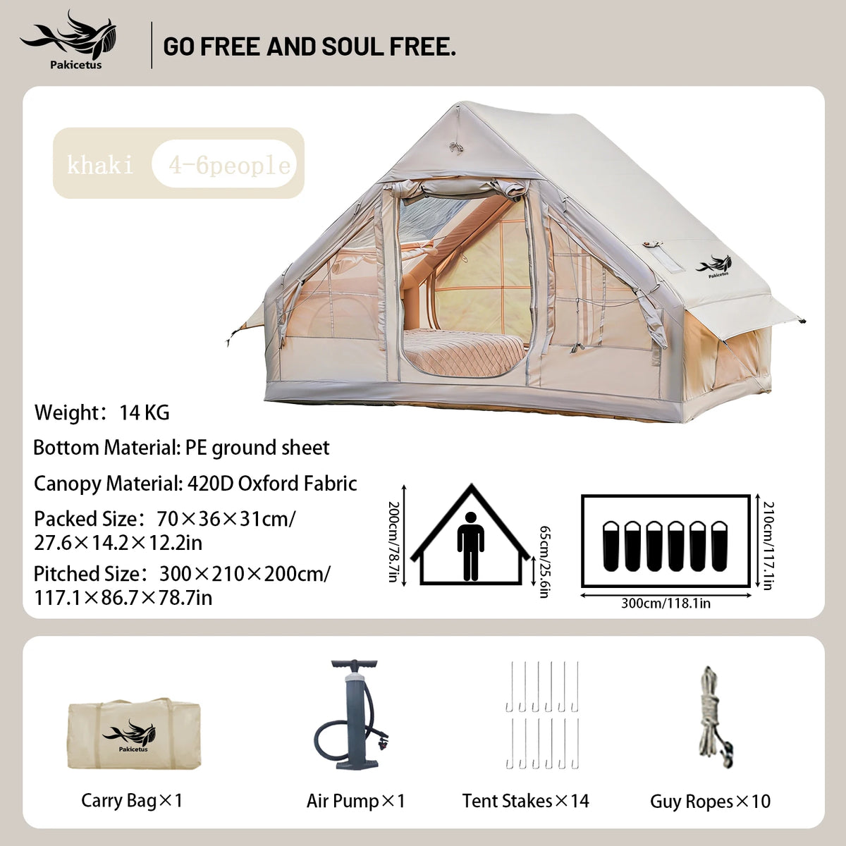 Pakicetus Quick Setup Inflatable Camping Tent, Waterproof Family Tent for 4-8 Persons, Portable Air Tent with Carry Bag
