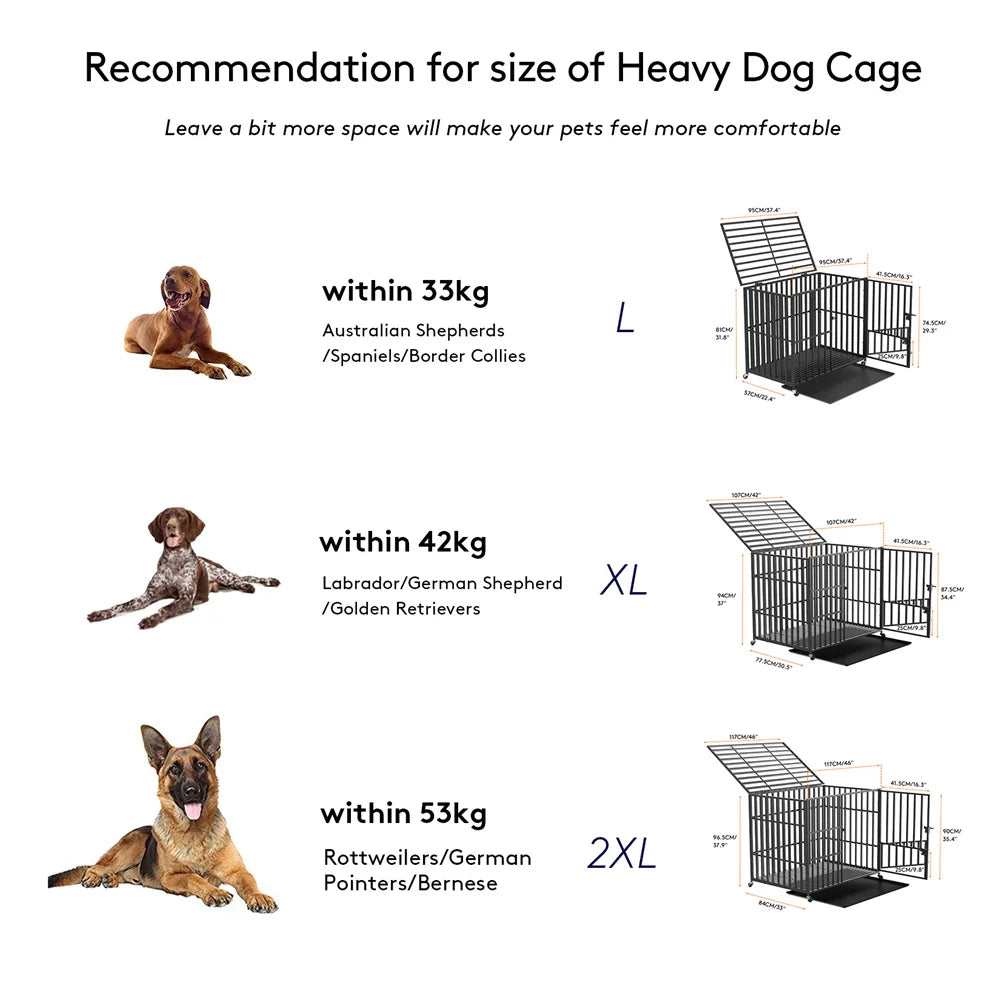 Large Heavy Duty Dog Crate Strong Pet Cage Tear Resistant Square Tube Metal Kennel Playpen with Lockable Wheels and Tray