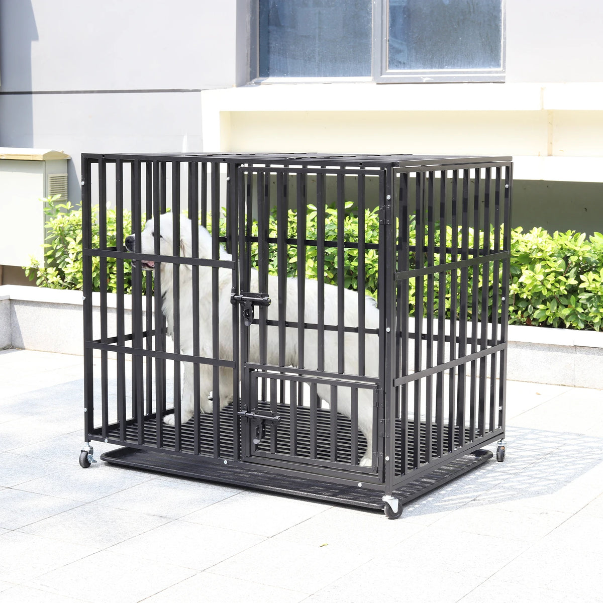 Large Heavy Duty Dog Crate Strong Pet Cage Tear Resistant Square Tube Metal Kennel Playpen with Lockable Wheels and Tray