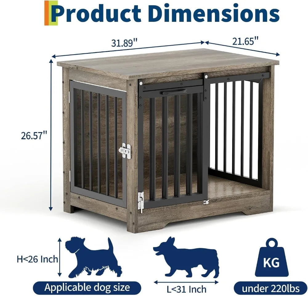 32"/43" Heavy Duty Wooden Pet Cage Side Table Double Door Dog Crate Secure Indoor Enclosure For Small Medium Large Dogs