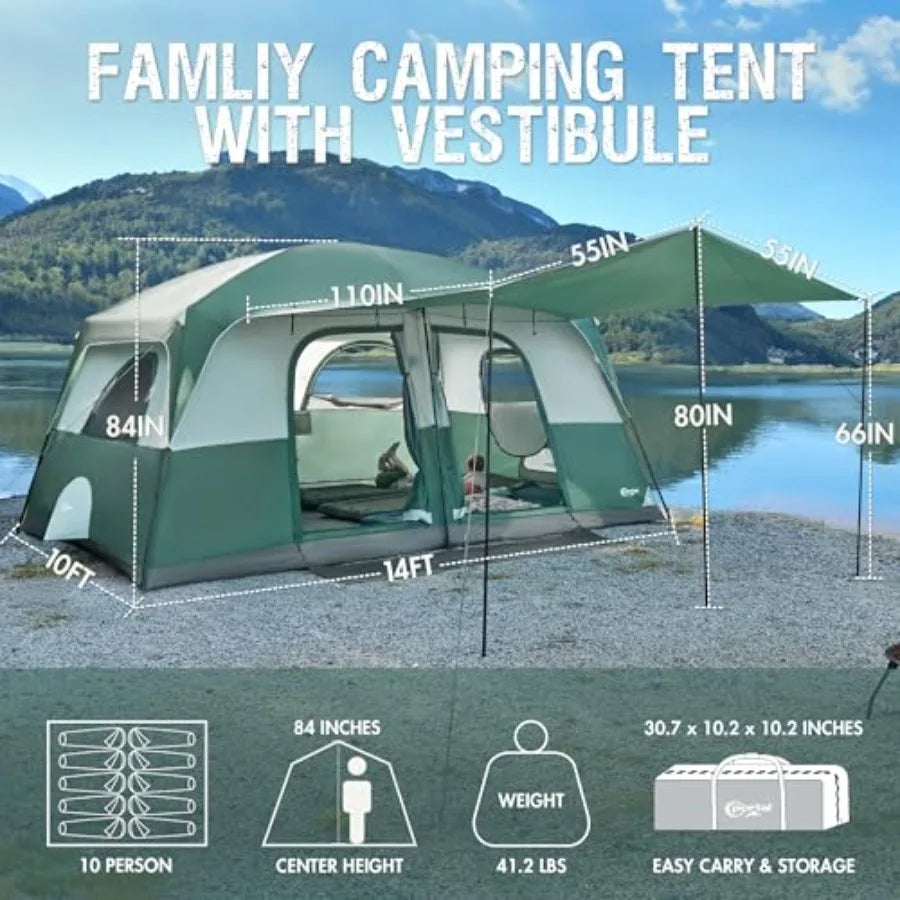 Family camping tent for 6/8/10 persons with porch, tall height, excellent ventilation, water-resistant fabric, ideal for outdoo