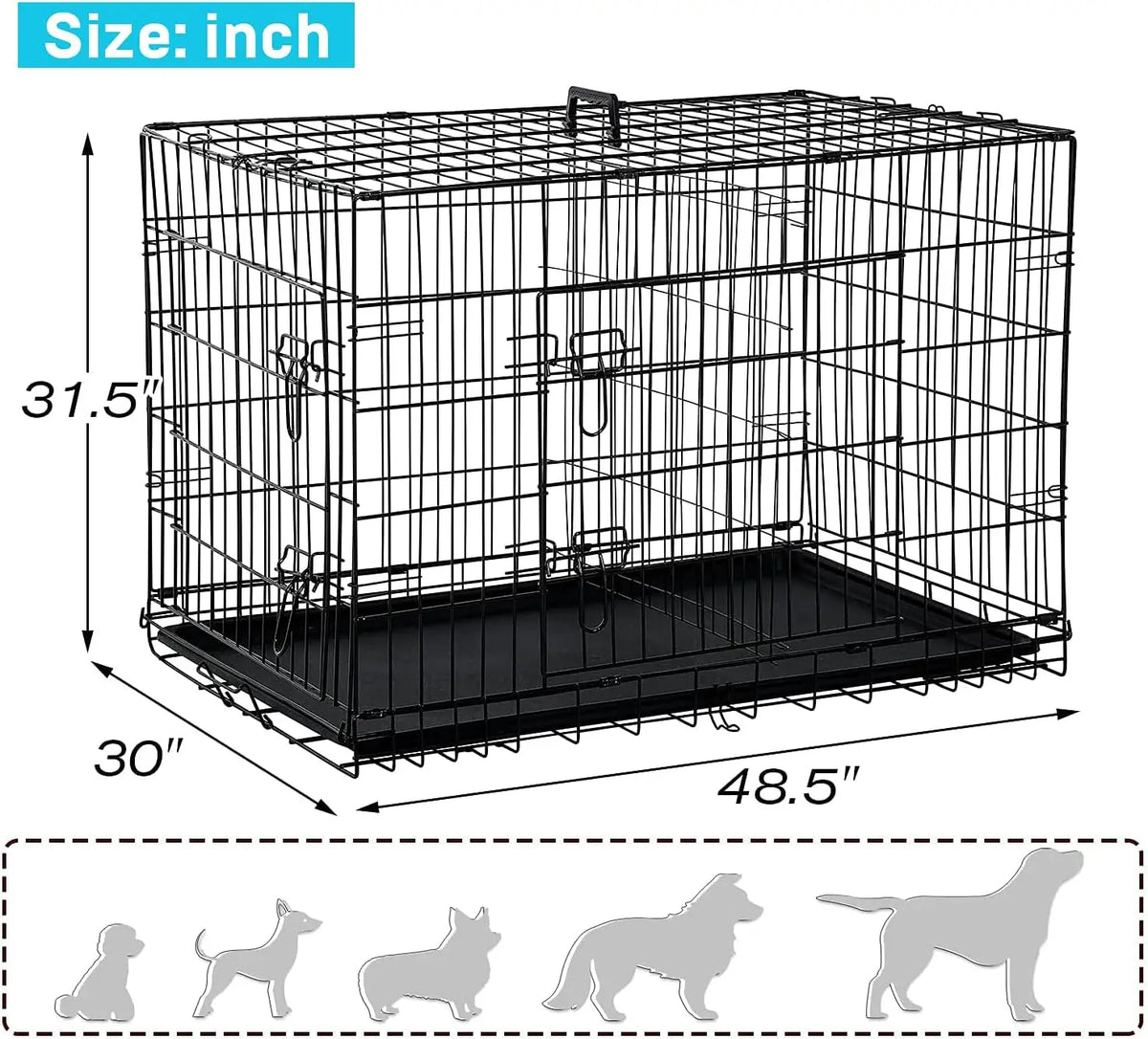 48 Inch Double Door Dog Crate with Divider & Tray, Folding XL XXL Pet Kennel for Indoor Outdoor Use