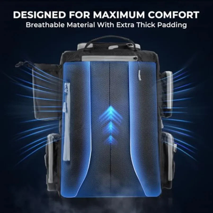 Fishing tackle backpack for outdoor use, durable nylon fabric, black color, features 4 tackle boxes, rod holders, and included