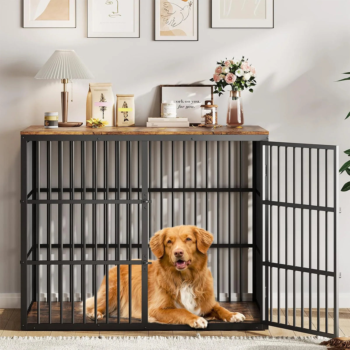 46.5 in 3-in-1 Dog Crate Furniture Wooden Dog Kennel with 3 Lockable Doors Heavy Duty Metal Frame End Table For Medium Large Pet