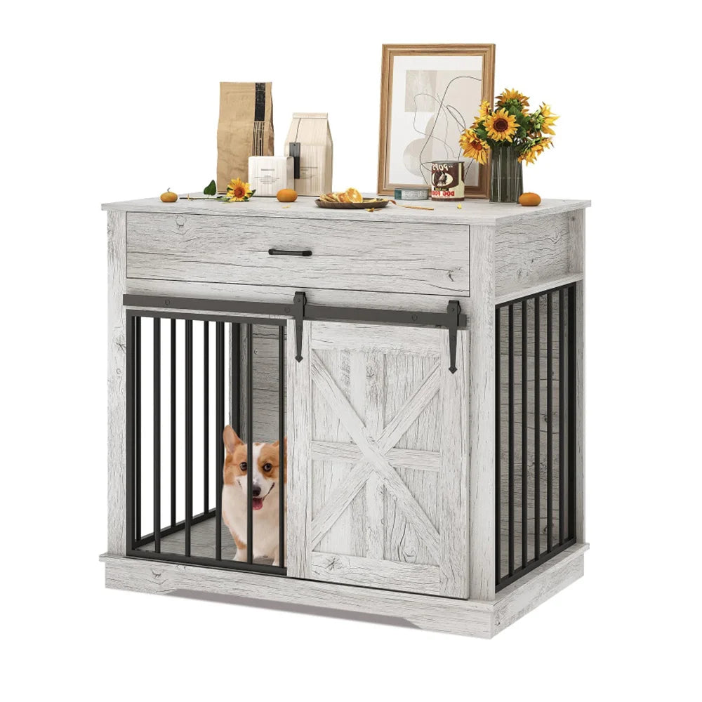 37.8" Farmhouse Dog Crate Furniture 2-in-1 Iron-Wood Dog Cage End Table With Sliding Barn Doors & Drawer For Small Medium Dogs