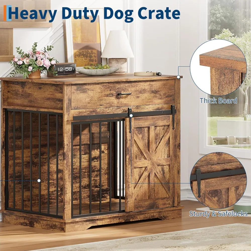 37.8" Farmhouse Dog Crate Furniture 2-in-1 Iron-Wood Dog Cage End Table With Sliding Barn Doors & Drawer For Small Medium Dogs
