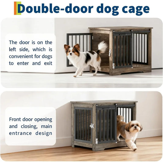 32"/43" Heavy Duty Wooden Pet Cage Side Table Double Door Dog Crate Secure Indoor Enclosure For Small Medium Large Dogs