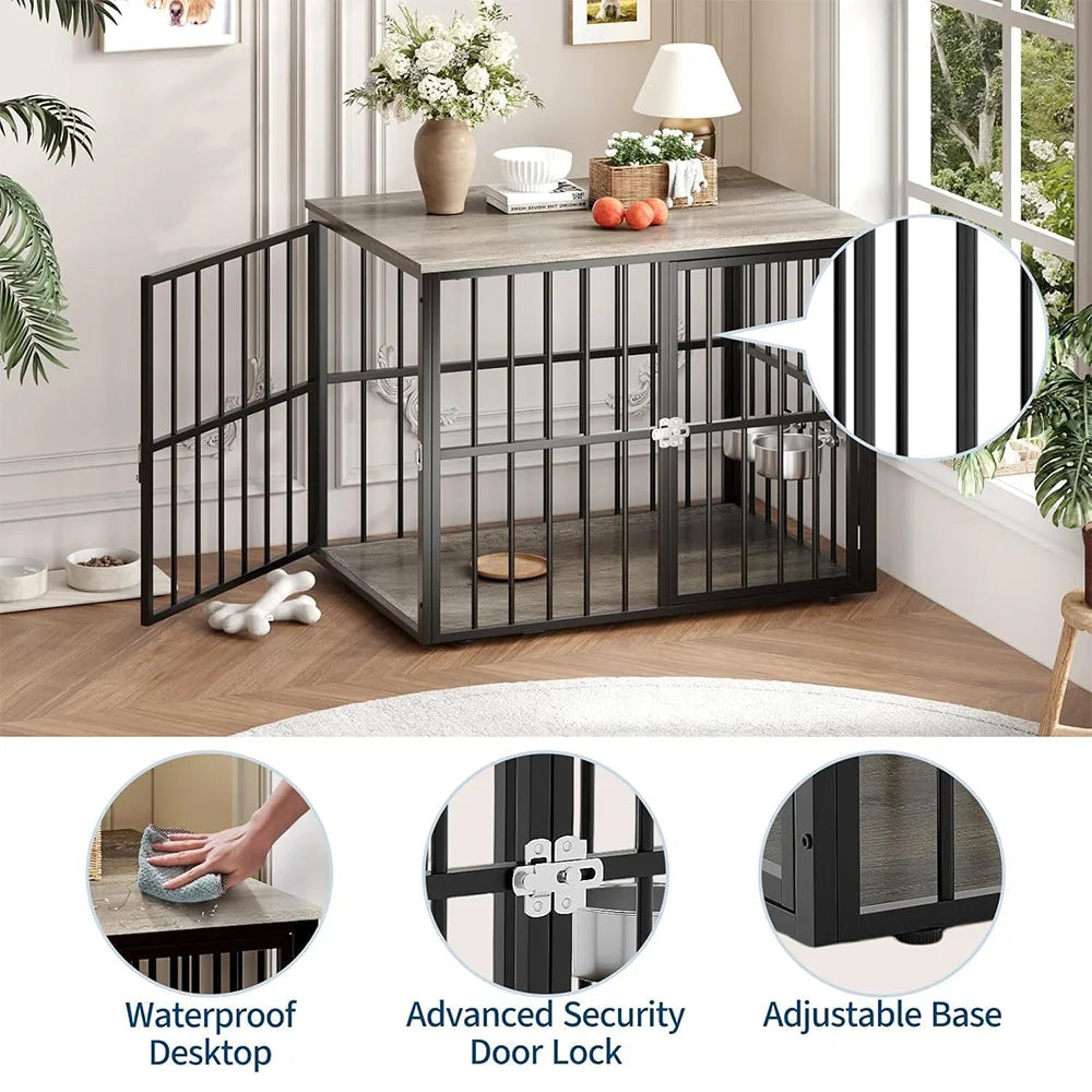 32"/43" Heavy Duty Wooden Pet Cage Side Table Double Door Dog Crate Secure Indoor Enclosure For Small Medium Large Dogs