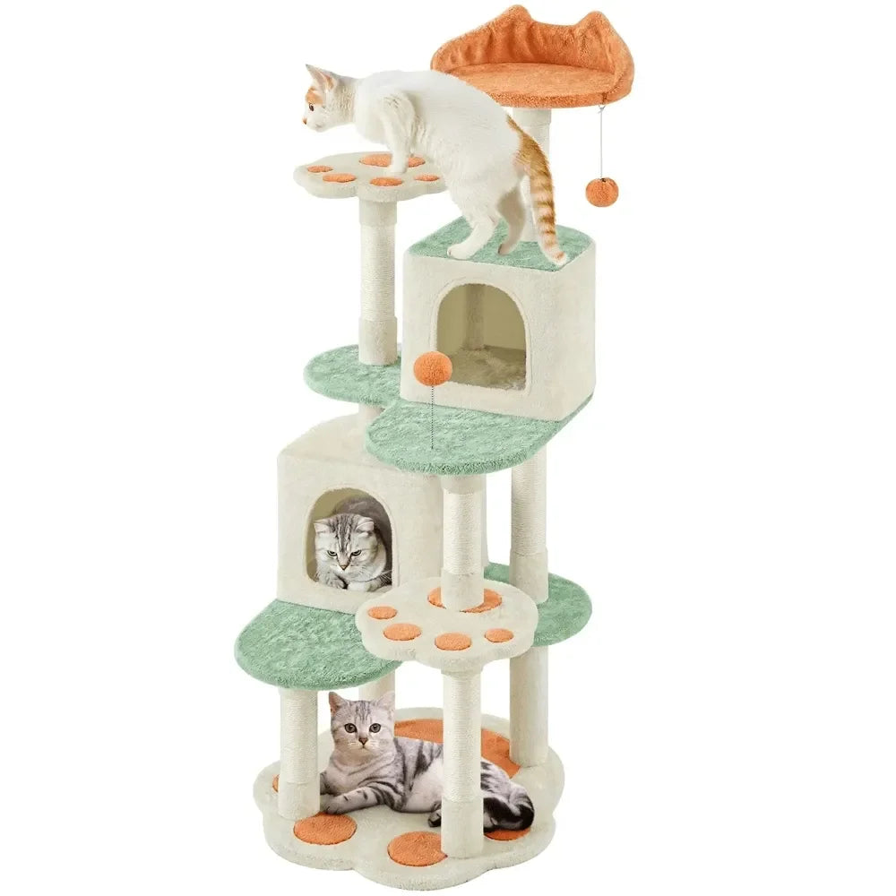 58 Tall Cute Cat PawShaped Cat Tree Soft Plush Cat Climbing Frame Plush Cat Apartment With Platforms, Condos, ching Posts,