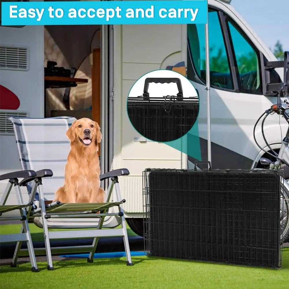 48 Inch Double Door Dog Crate with Divider & Tray, Folding XL XXL Pet Kennel for Indoor Outdoor Use
