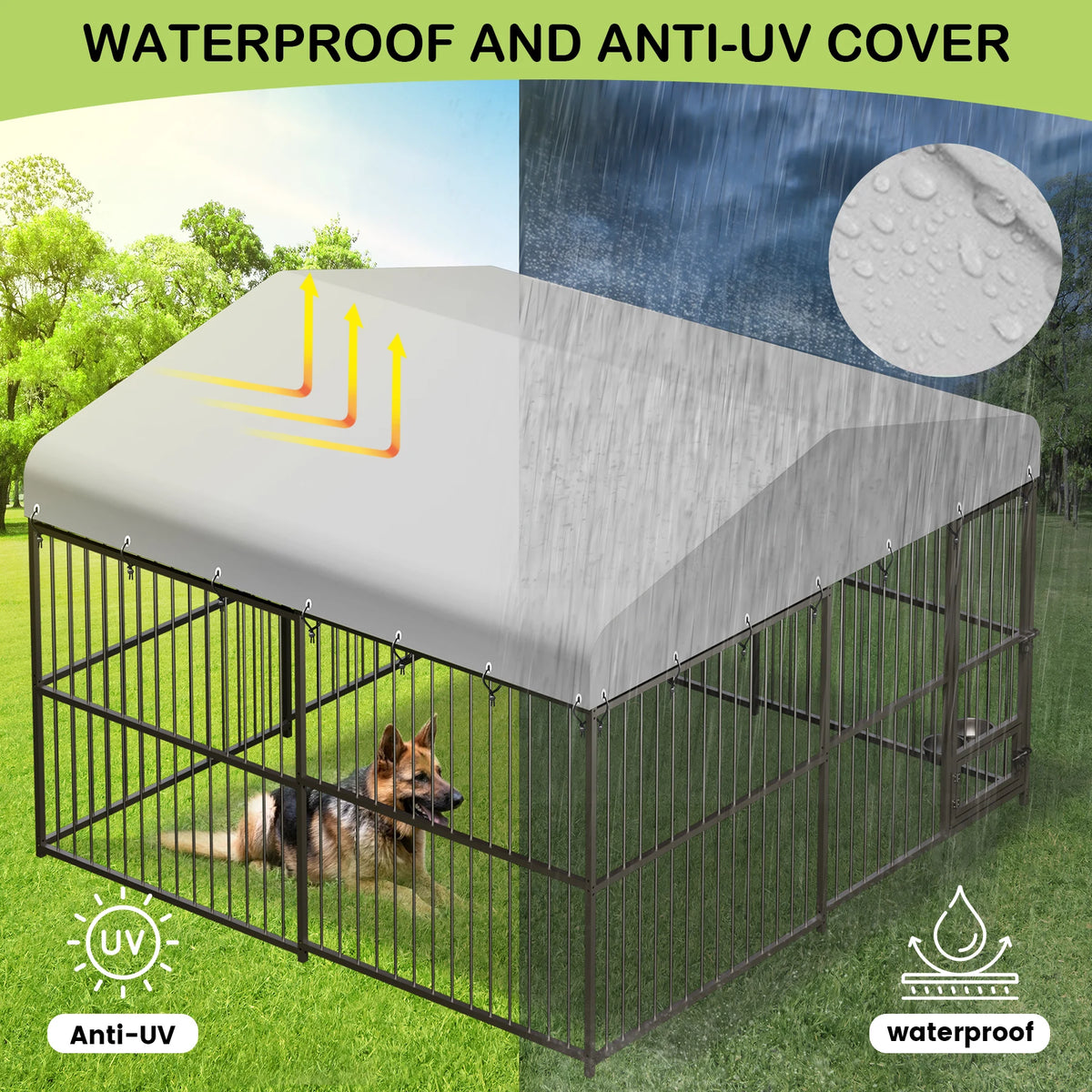 Large Dog Kennel Outside Heavy-Duty Outdoor Dog Cage Walk-in Pet Playpen with Roof， Double Lock, Enclosures with UV-Resistant