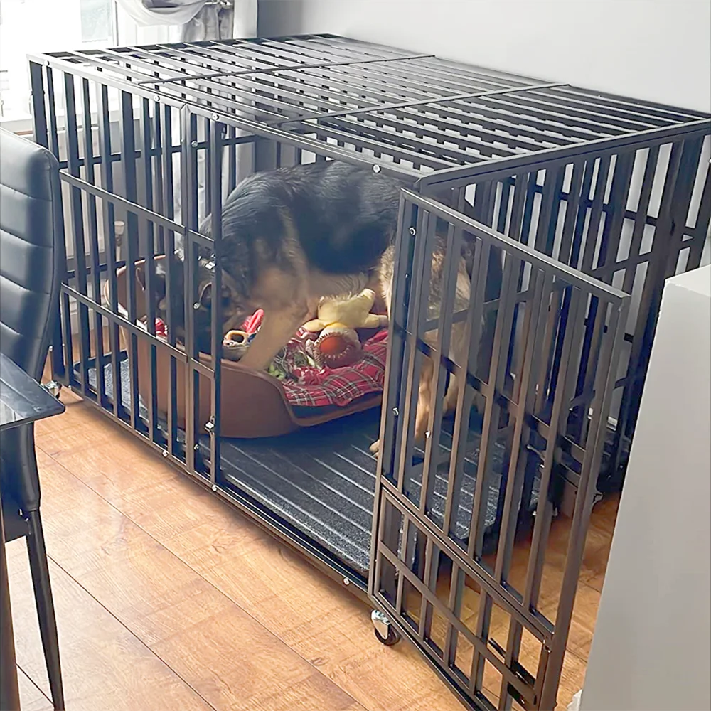Large Heavy Duty Dog Crate Strong Pet Cage Tear Resistant Square Tube Metal Kennel Playpen with Lockable Wheels and Tray