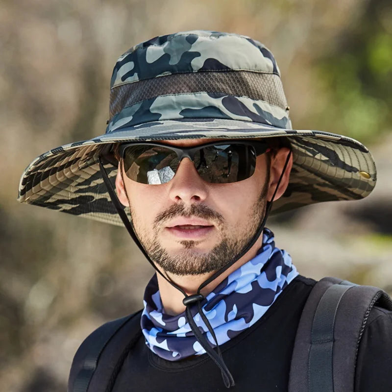 Summer Men Breathable Sun Hat Outdoor Traveling Fishing Hiking Hat Sunscreen Fisherman Bucket Hats Wide Brim Male Cap Uv Protect