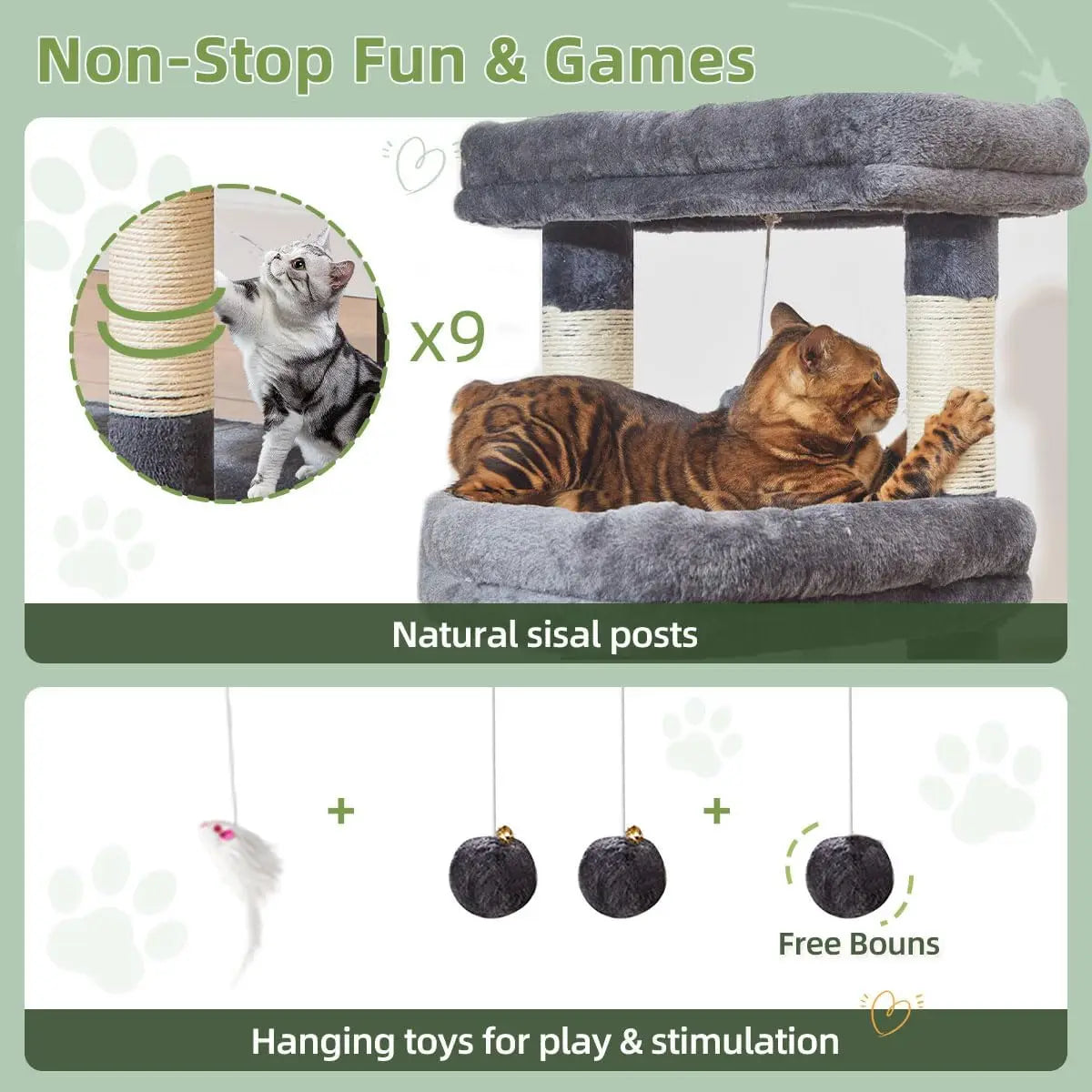 71" Cat Tree for Large Cats 20lbs+, 3 Giant Perches, Multi-Level Tower with 9 Scratching Posts, Hammock & Basket, Smoky Gray