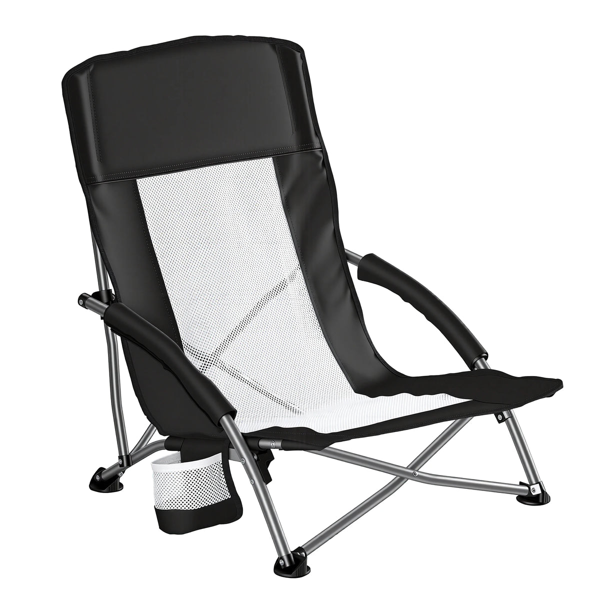 JHK Portable Lightweight Low Camping Beach Chair Mesh Back Padded Armrests Folding Beach Chair with Cup Holder Storage Pocket for Camp Picnic Lawn