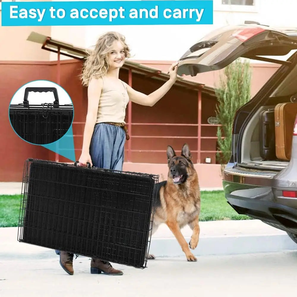 48 Inch Double Door Dog Crate with Divider & Tray, Folding XL XXL Pet Kennel for Indoor Outdoor Use